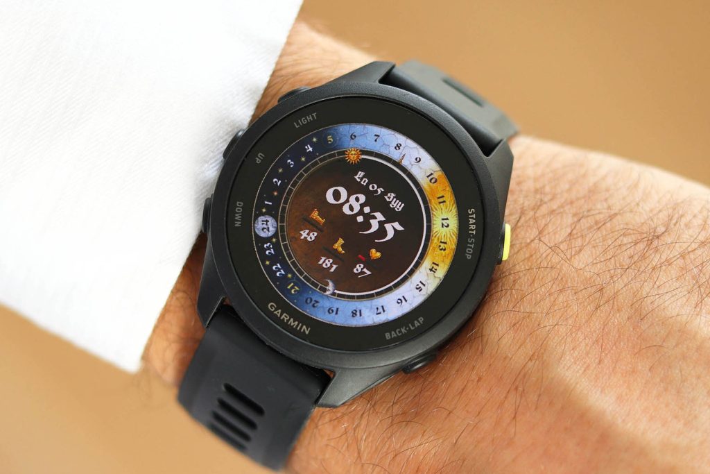 Closeup of Garmin Forerunner 70 showcasing the KCD Watch sundial
